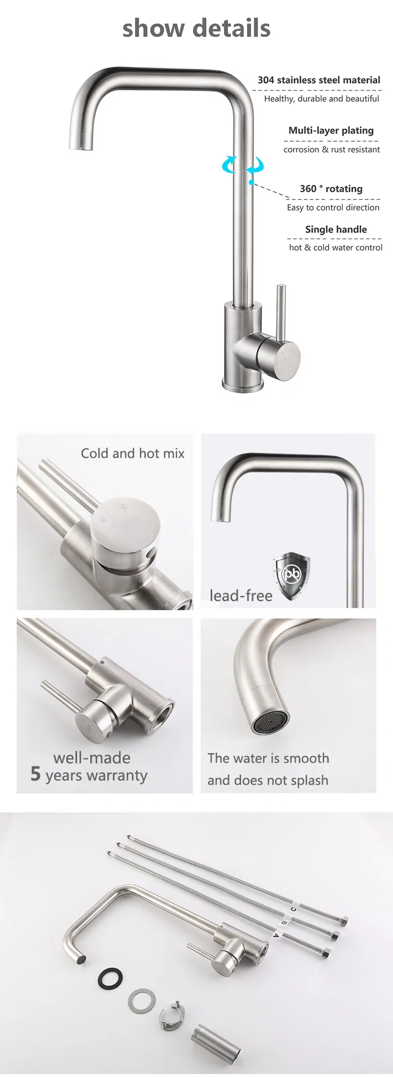 304 Stainless Steel Brushed Kitchen Sink Faucet