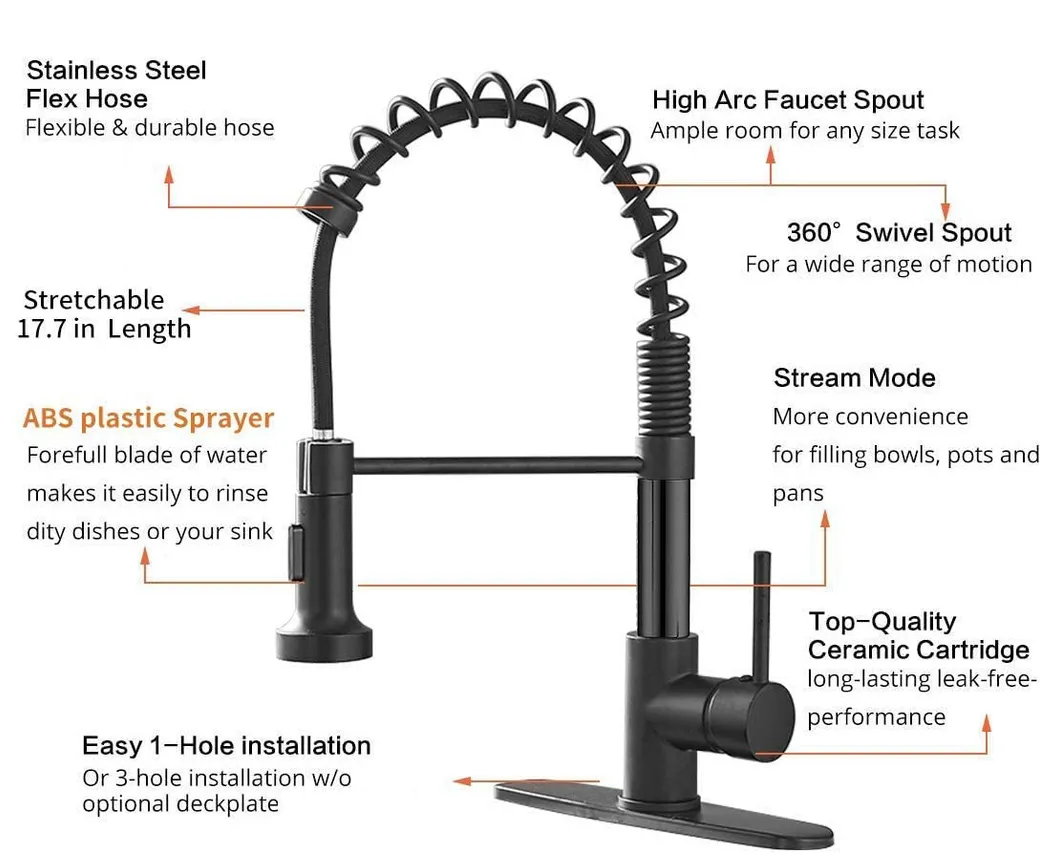 Aquacubic Factory Direct Lead Free Solid Brass Cupc Certified Deck Mounted Single Handle Pull Down Spring Black Kitchen Faucet