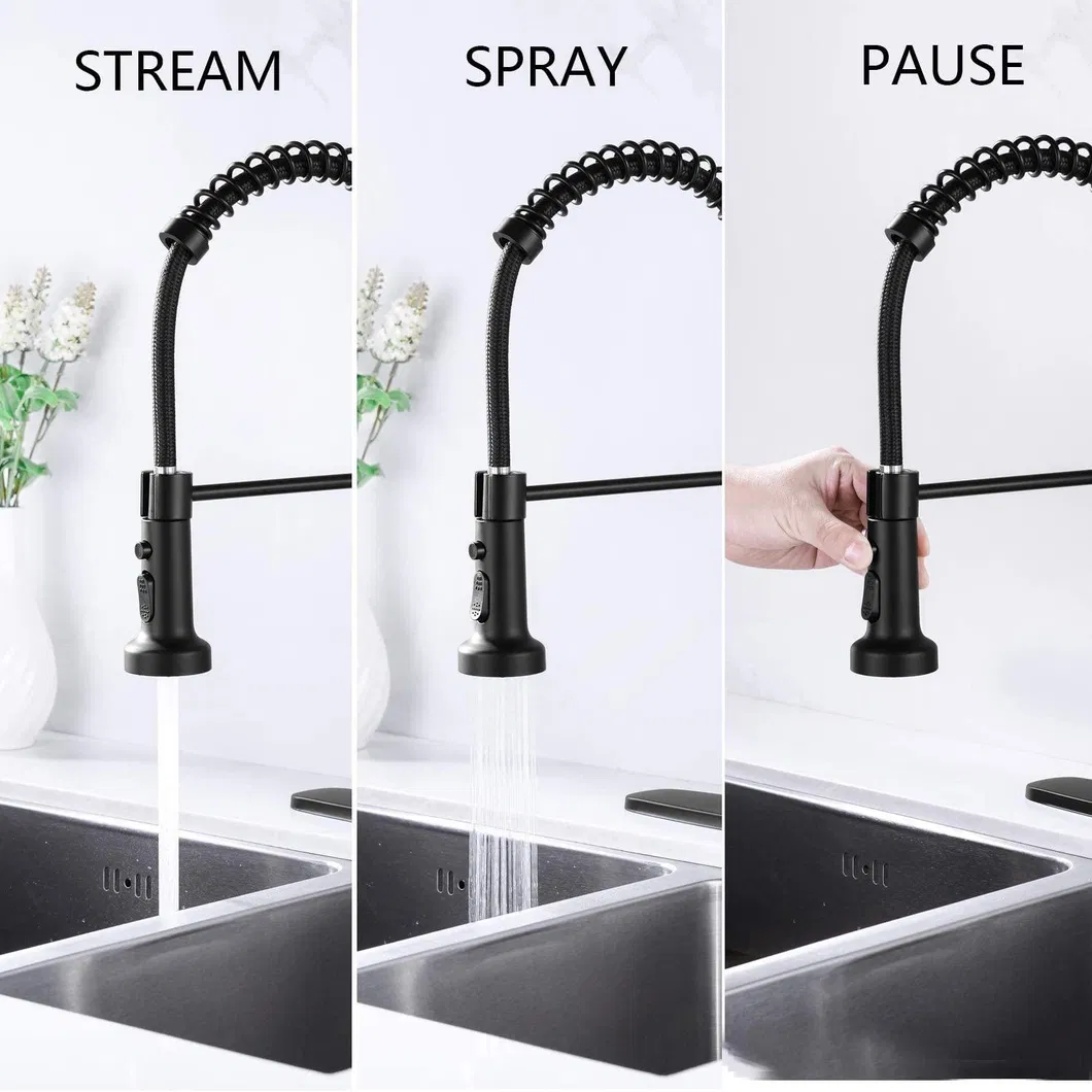 Aquacubic Factory Direct Lead Free Solid Brass Cupc Certified Deck Mounted Single Handle Pull Down Spring Black Kitchen Faucet