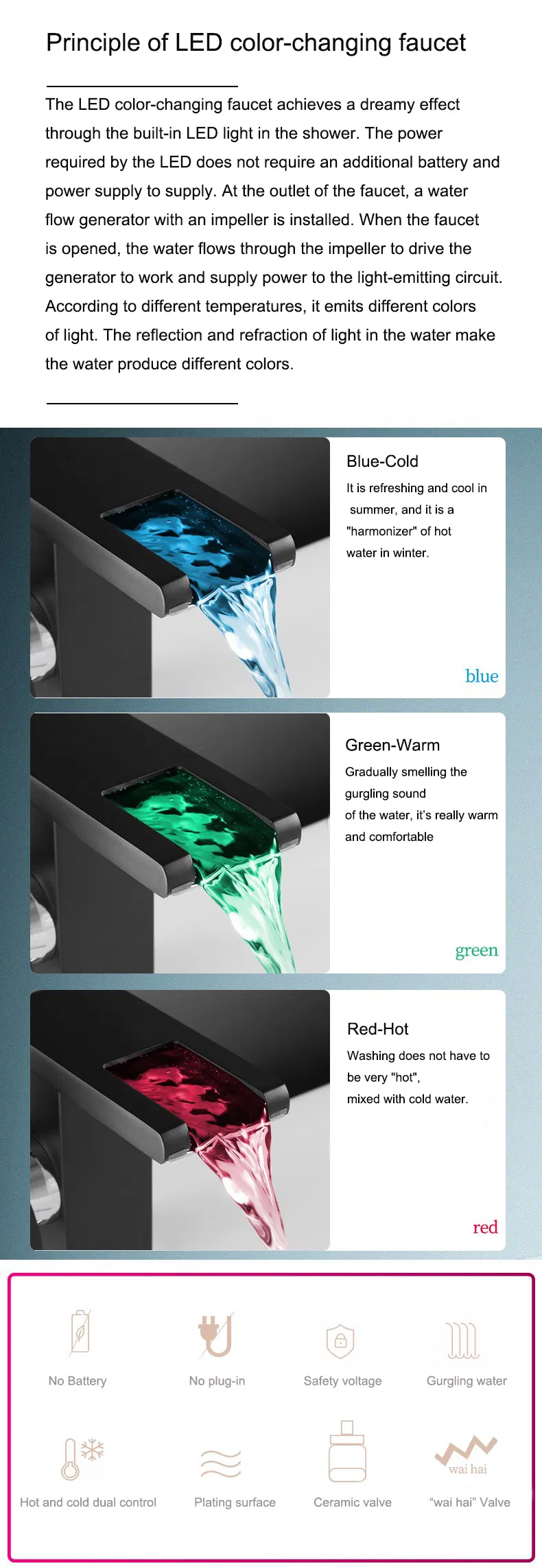 Hydropower LED Colors Bathroom Deck Mounted Basin Mixer Basin Faucet