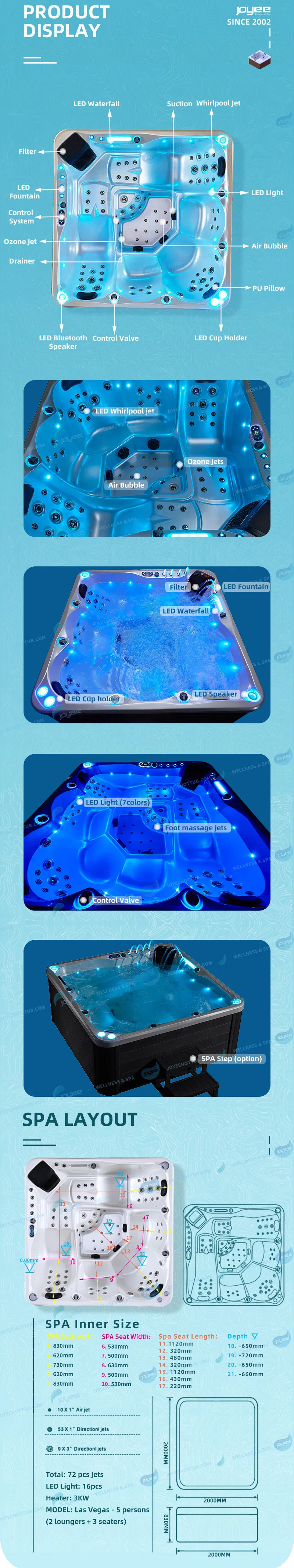 Joyee Europe Free Sex 5 People Home Outside Jet Whirlpool SPA Bath Outdoor Jacuzzi Hot Tub SPA