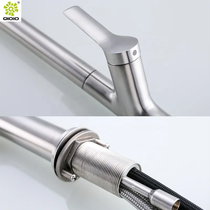 Kaioping Qioio 304 Stainless Steel Flexible Spring Sprayer Deck Mounted Pull out Hot and Cold Slim Kitchen Faucet