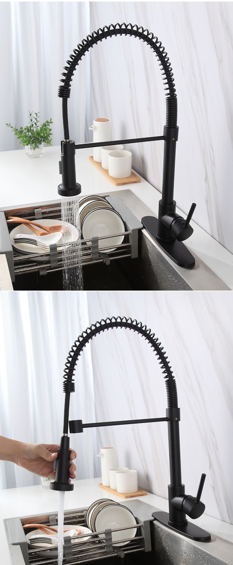 Luxury Design Pull Down Kitchen Faucet Tap 8560 Single Hole 360 Degree Black Kitchen Faucet